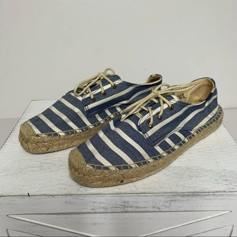Soludos Derby Blue White Stripe Lace Up Espadrilles